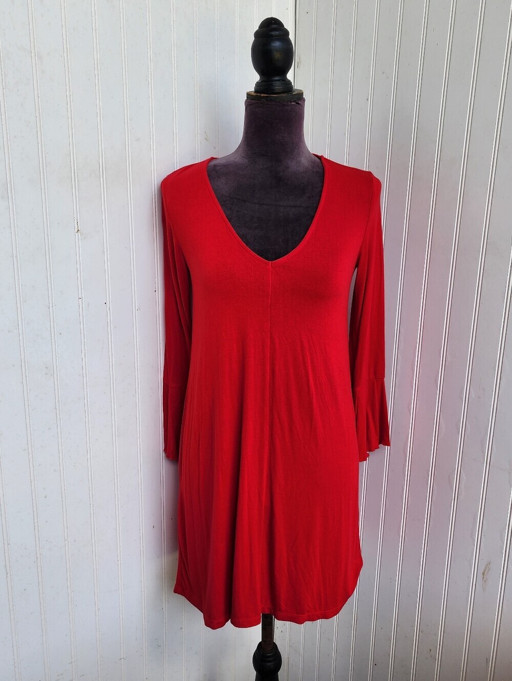 Bershka Women's Red  Mini Dress bodice Flare Long Sleeves Stretch Size S